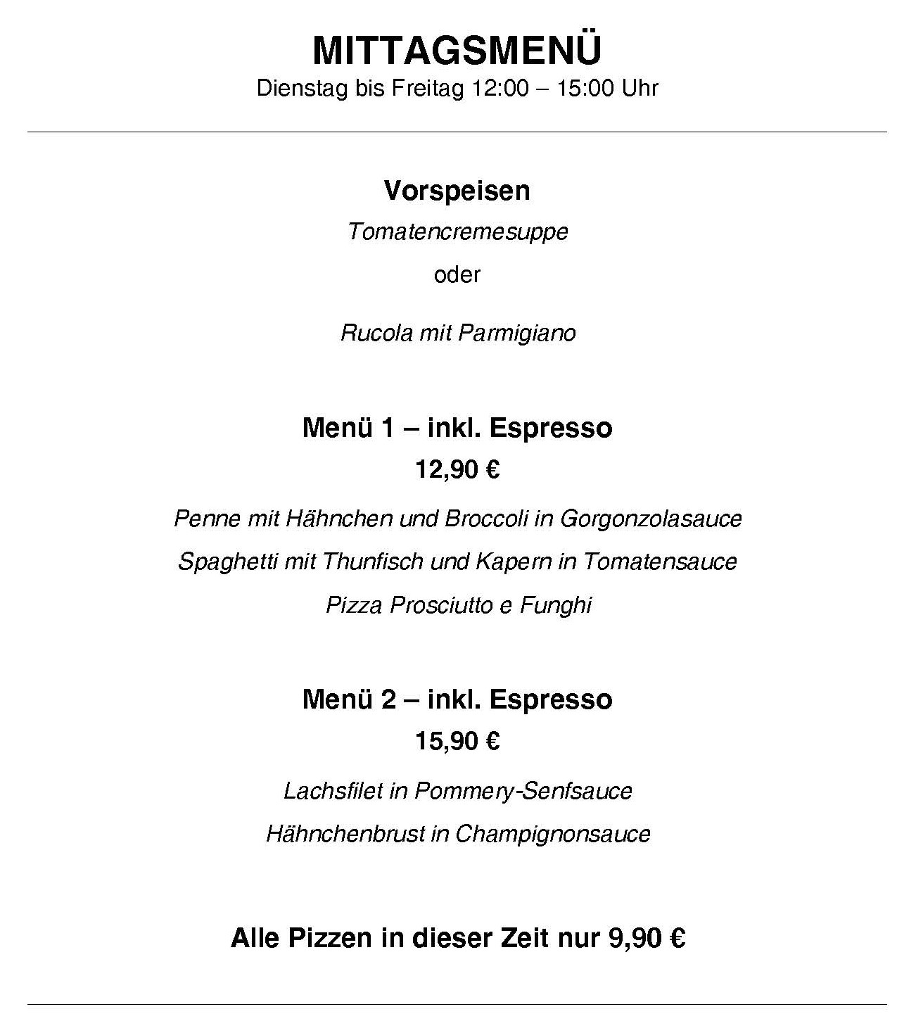 Ristorante Botticelli Berlin - Wilmersdorf Mittagskarte