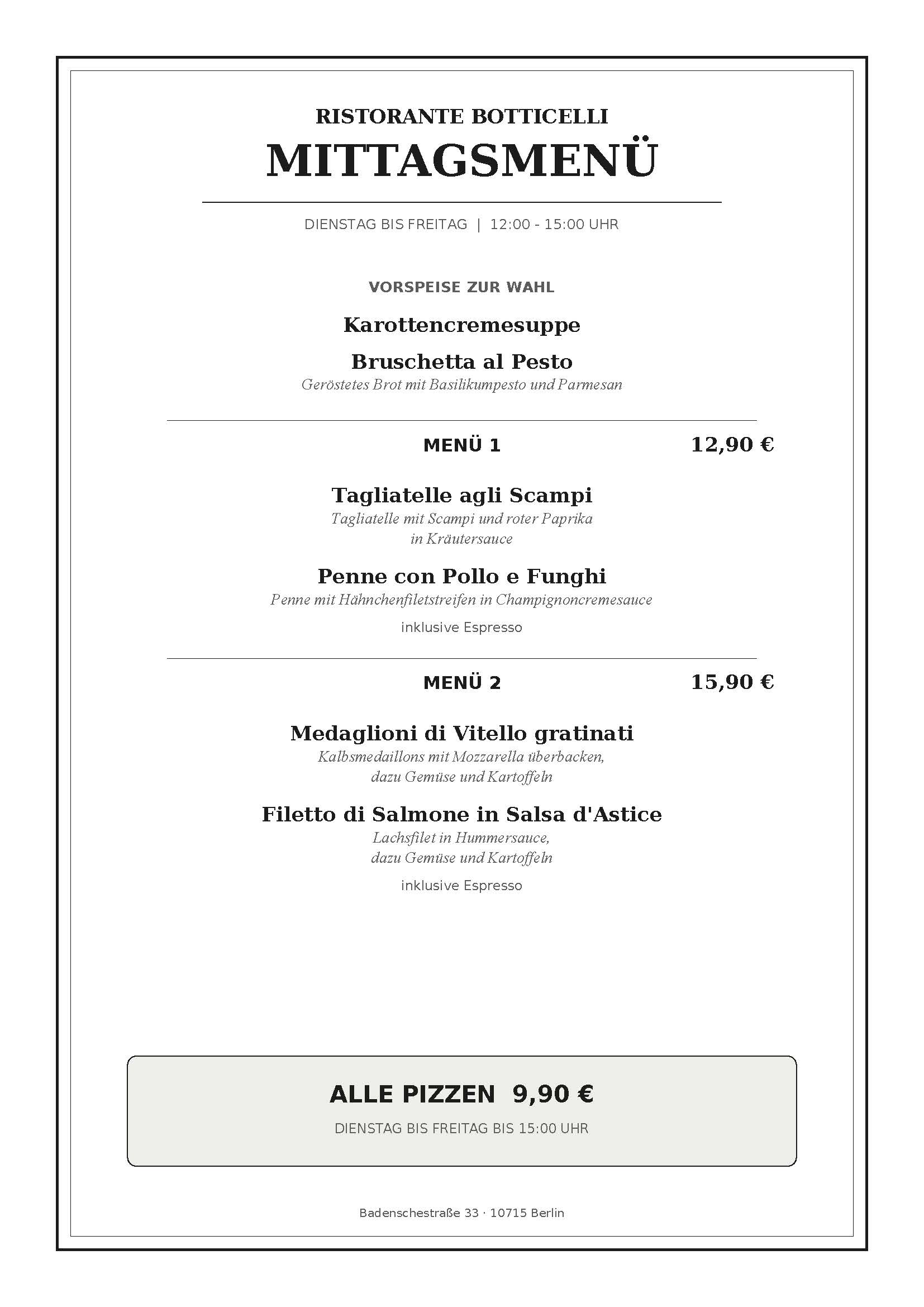 Ristorante Botticelli Berlin - Wilmersdorf Mittagskarte